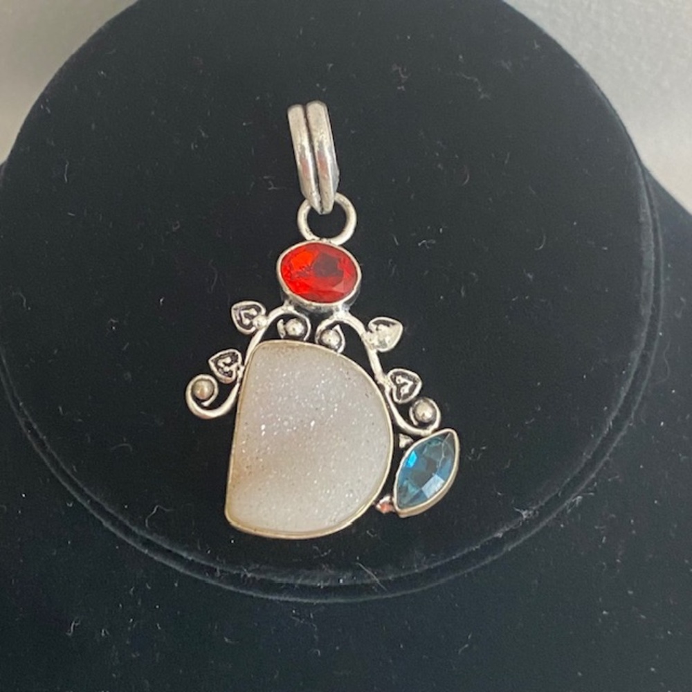 Hand Crafted White Druze Stone Red & Blue Crystal 925 Silver Pendant